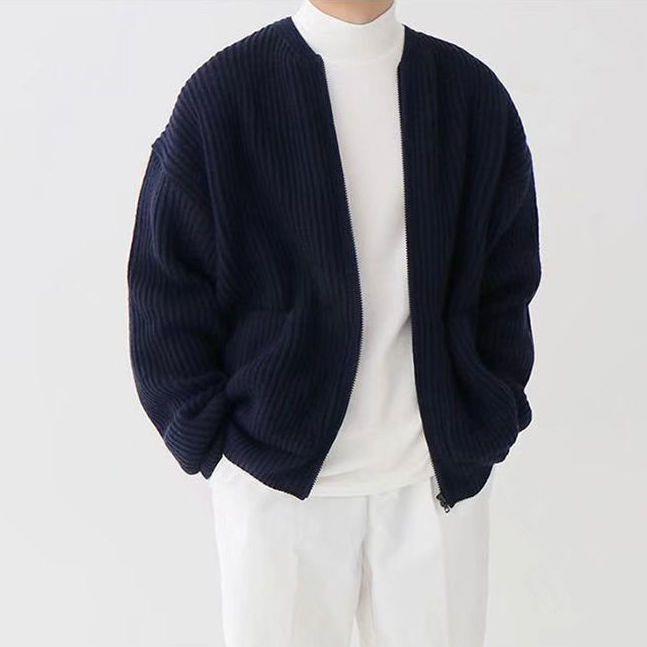 Men's Collarless Soft Knit Zip-Up Cardigan - Dark Blue