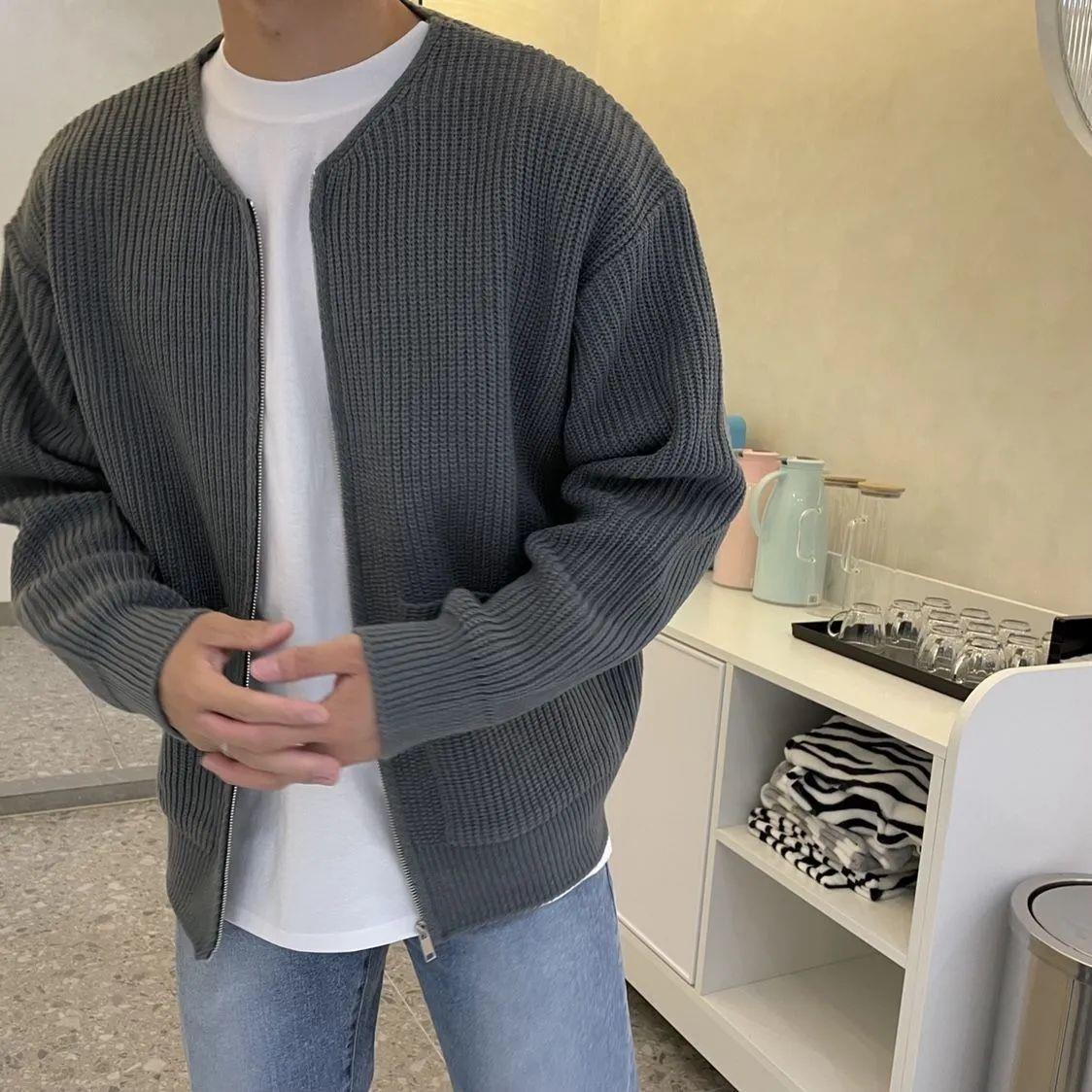 Men's Collarless Soft Knit Zip-Up Cardigan - Gray