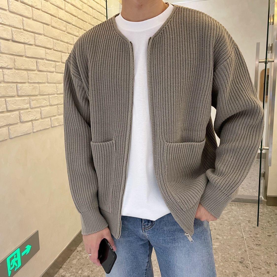 Men's Collarless Soft Knit Zip-Up Cardigan - Khaki