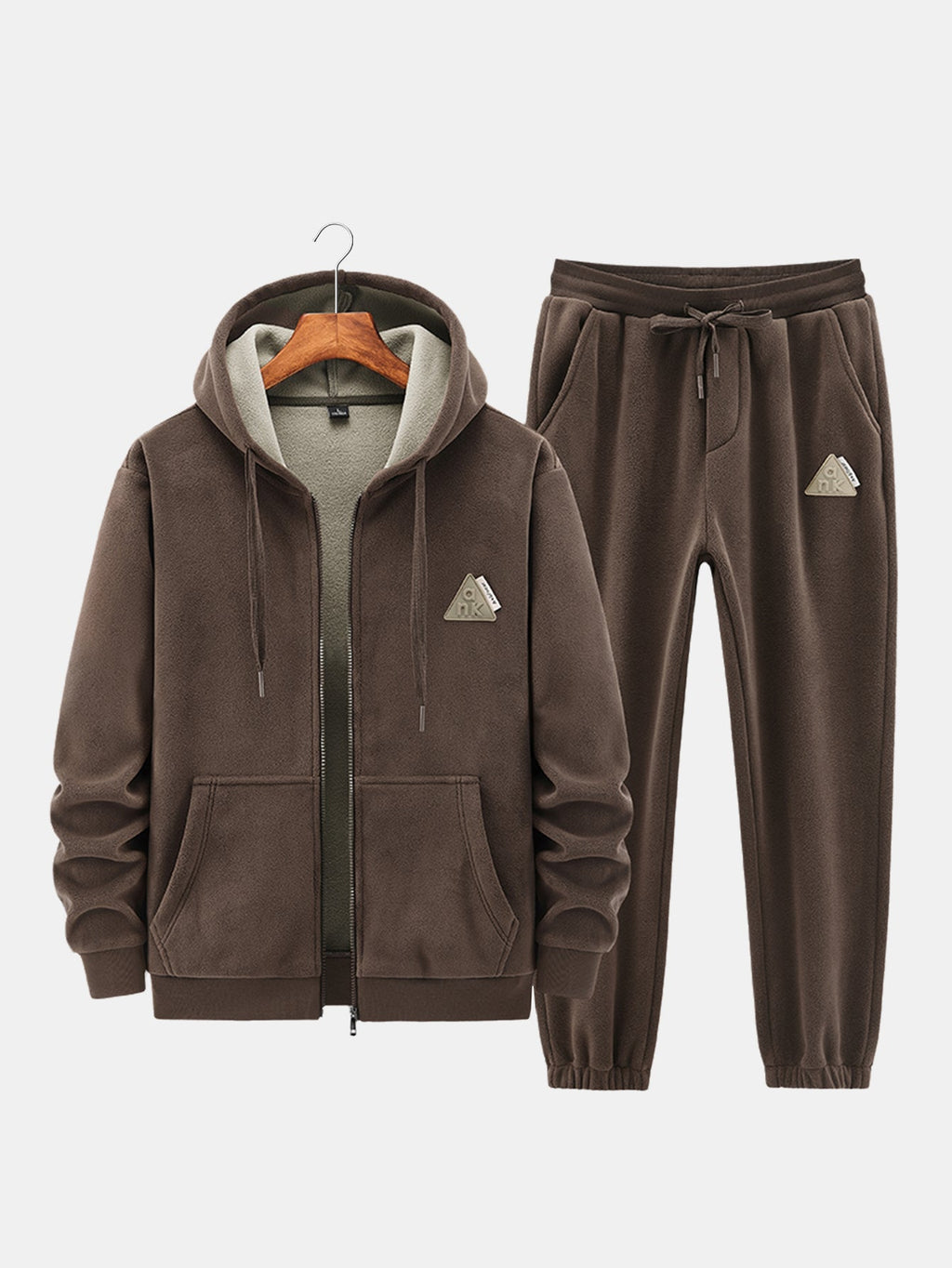 Men's Teddy-Lined Full-Zip Hoodie and Jogger Set - Dark Brown
