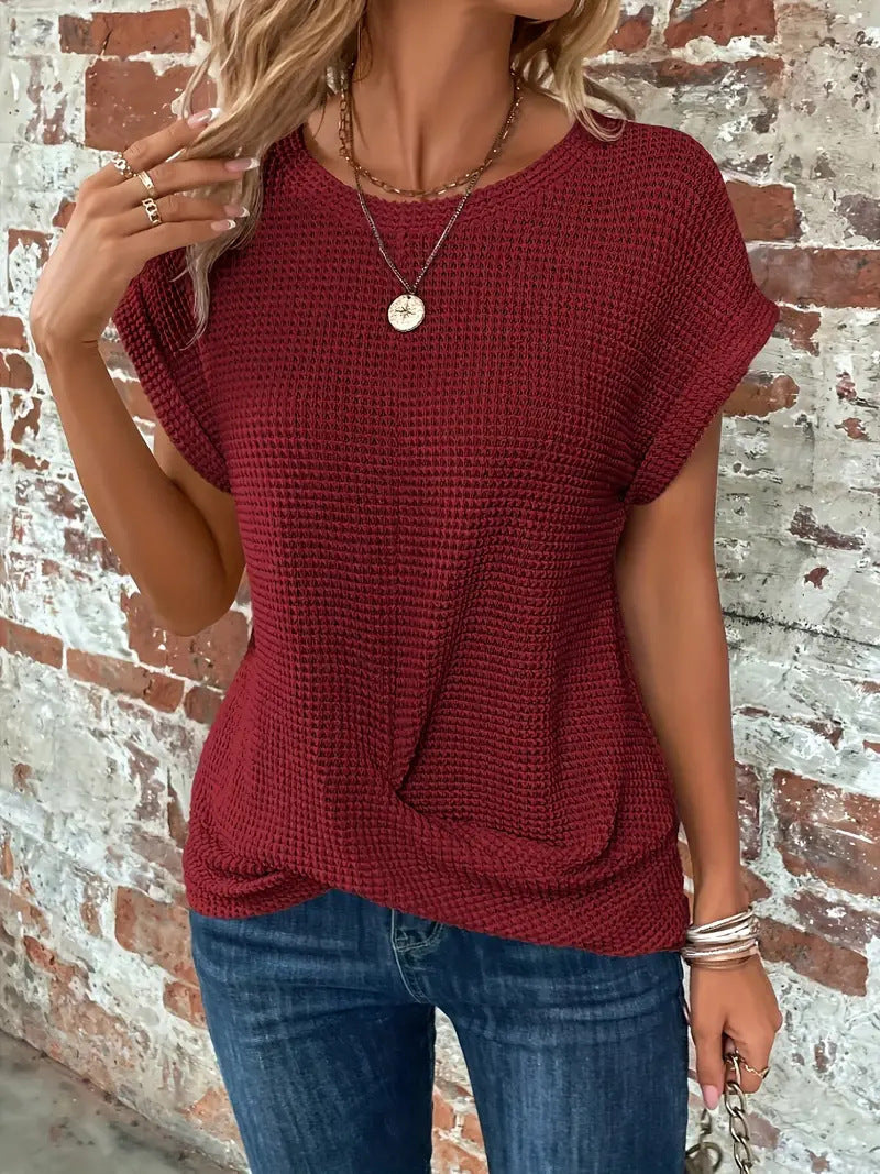 Women's Waffle Knit Short Sleeve Top - Burgundy