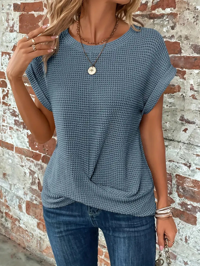 Women's Waffle Knit Short Sleeve Top - Steel Blue