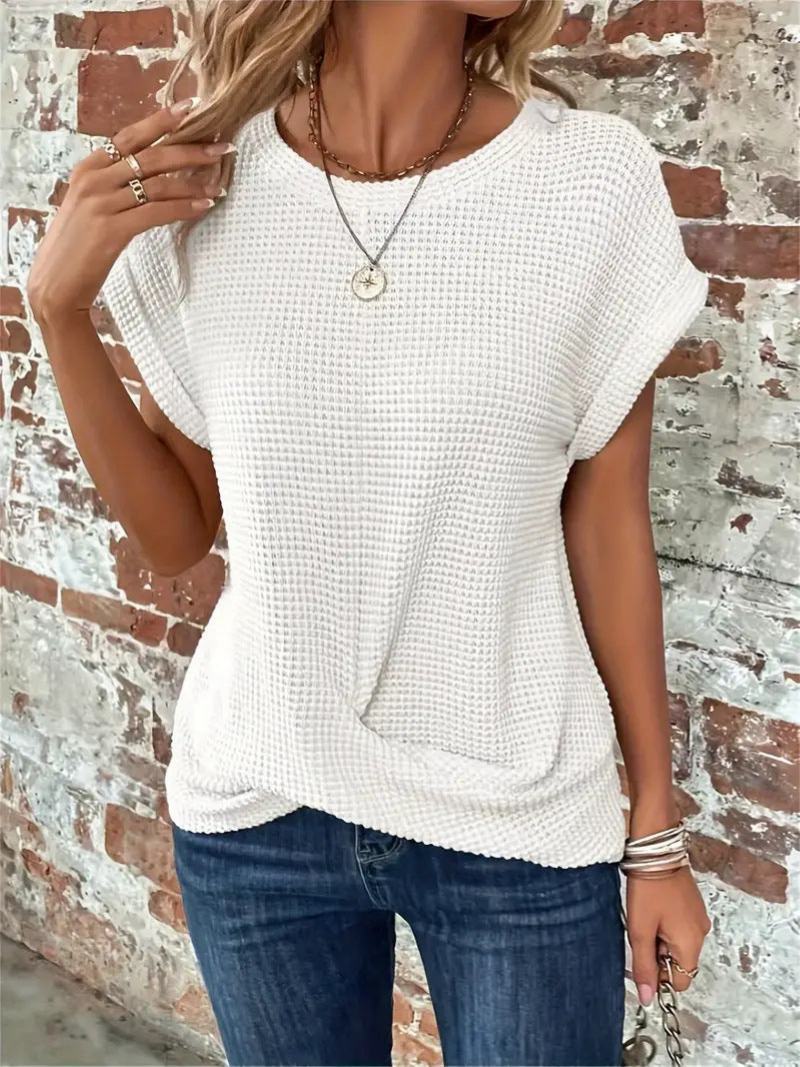 Women's Waffle Knit Short Sleeve Top - White