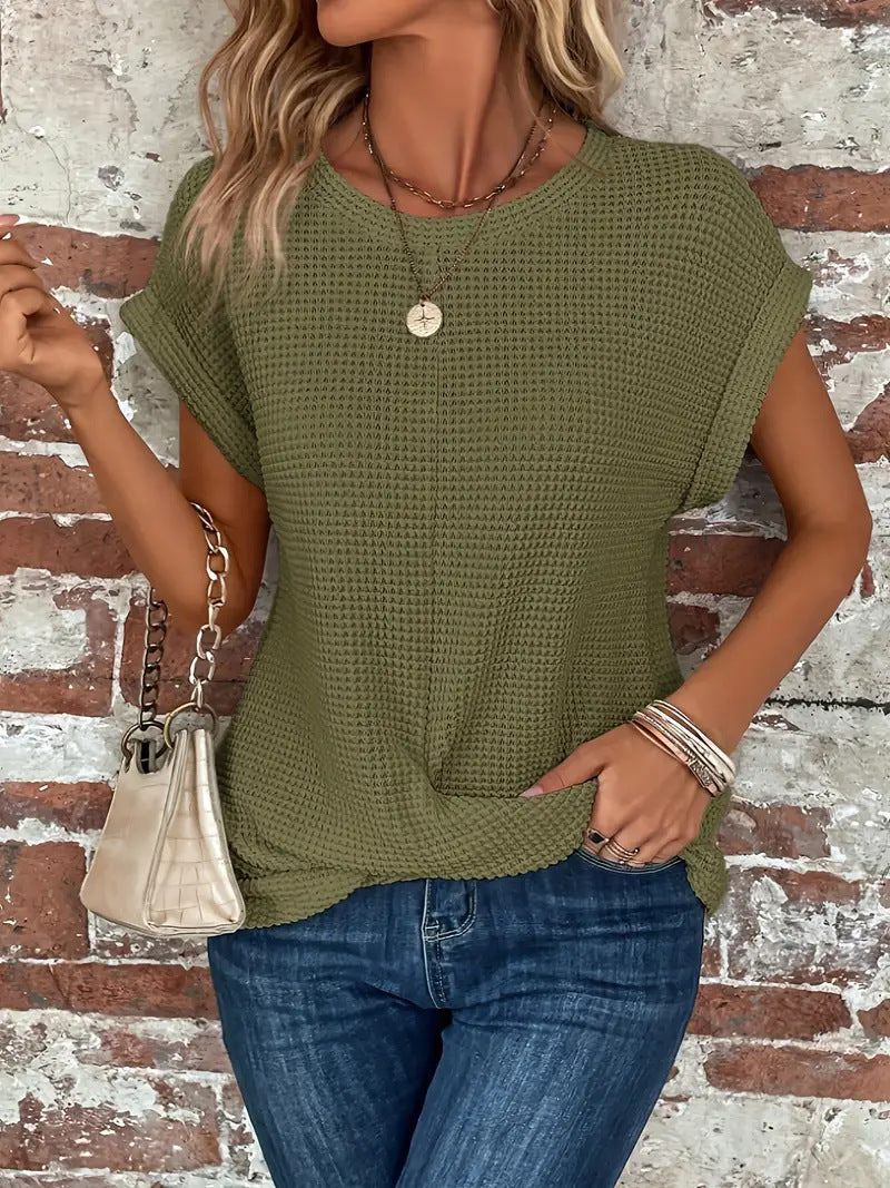 Women's Waffle Knit Short Sleeve Top - Olive Green