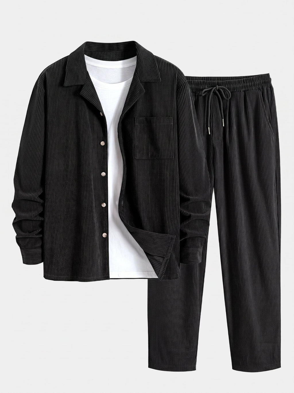 Men's Cuban Collar Corduroy Shirt and Pants Set - Black