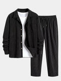 Men's Cuban Collar Corduroy Shirt and Pants Set - Black