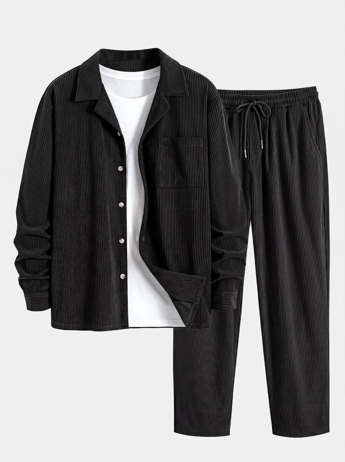 Men's Cuban Collar Corduroy Shirt and Pants Set - Black