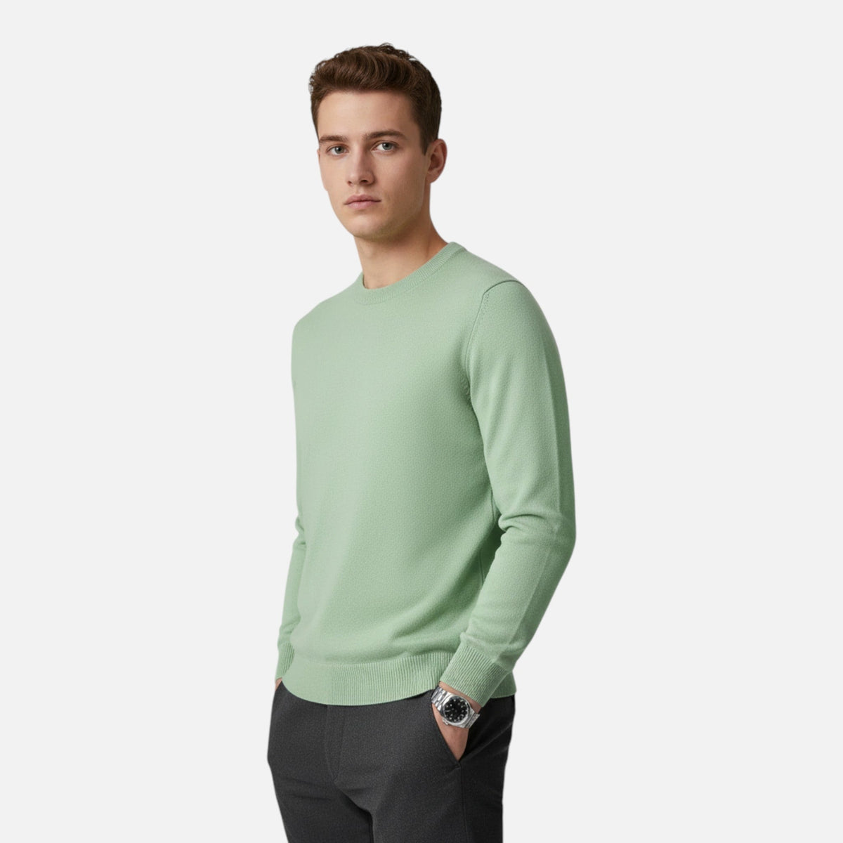 Men's Slim-Fit Round Neck Ribbed Sweater - Light Red