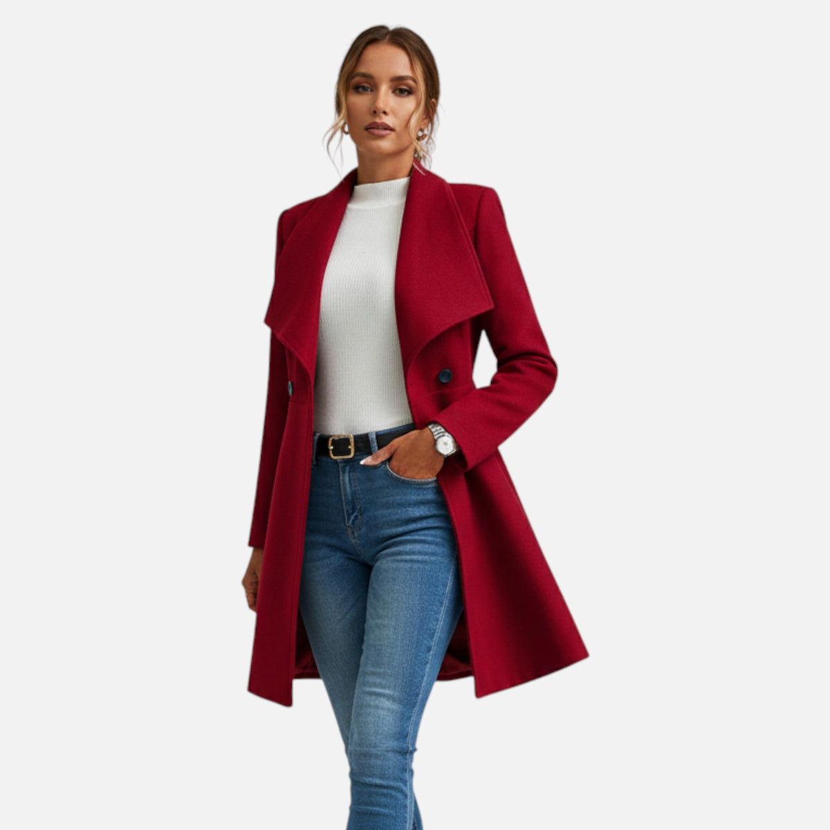 Women's Lapel Wool Winter Coat with Button Front