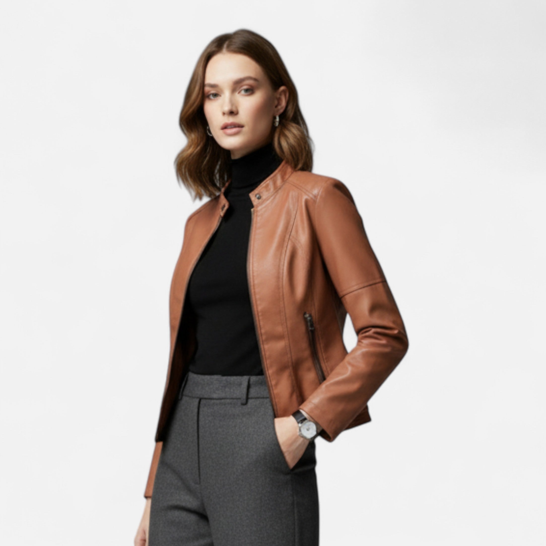 Women's Cropped Zip-Up Leather Jacket