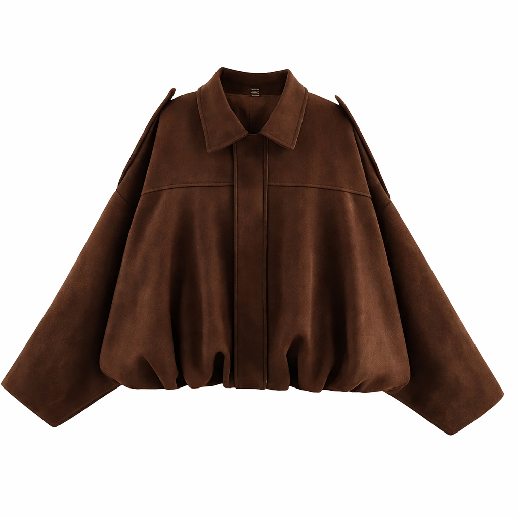 Women's Oversized Shirt-Collar Bomber Jacket - Dark Brown