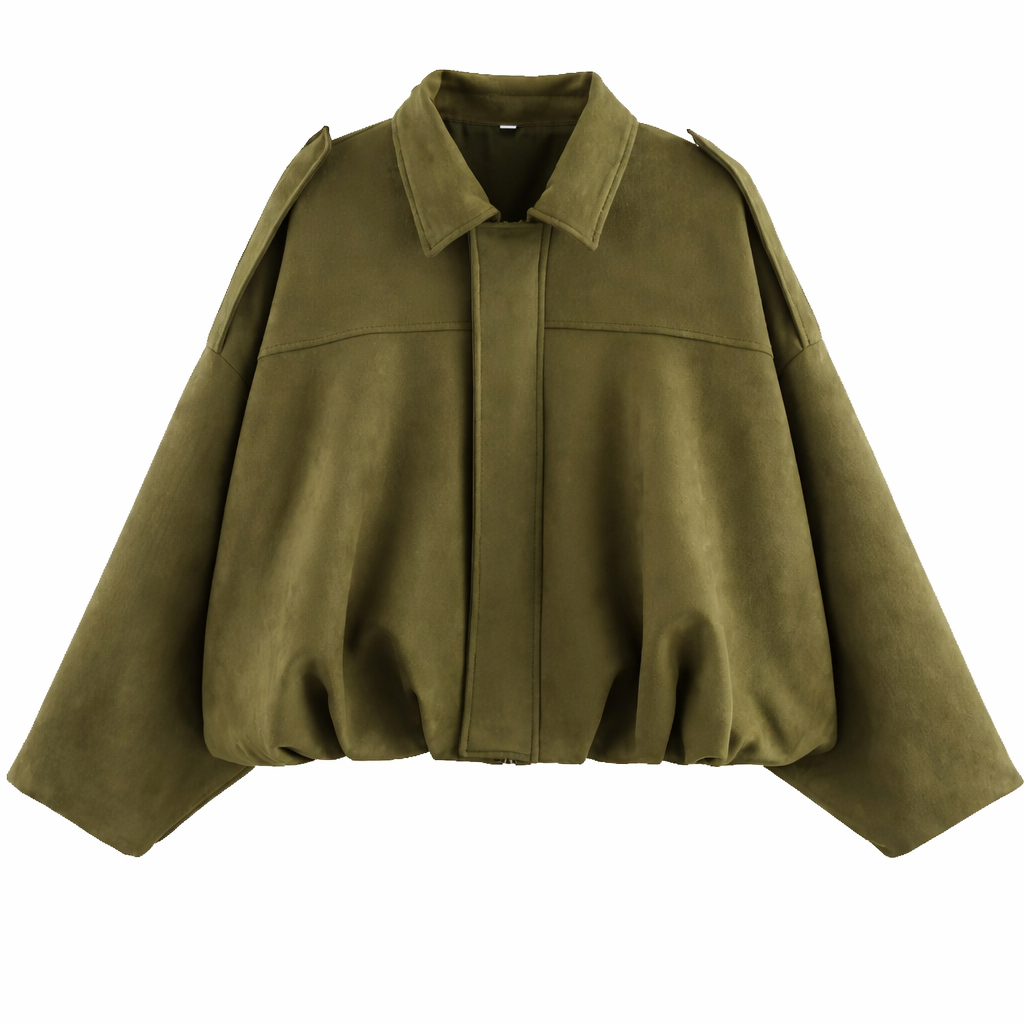 Women's Oversized Shirt-Collar Bomber Jacket - Olive Green