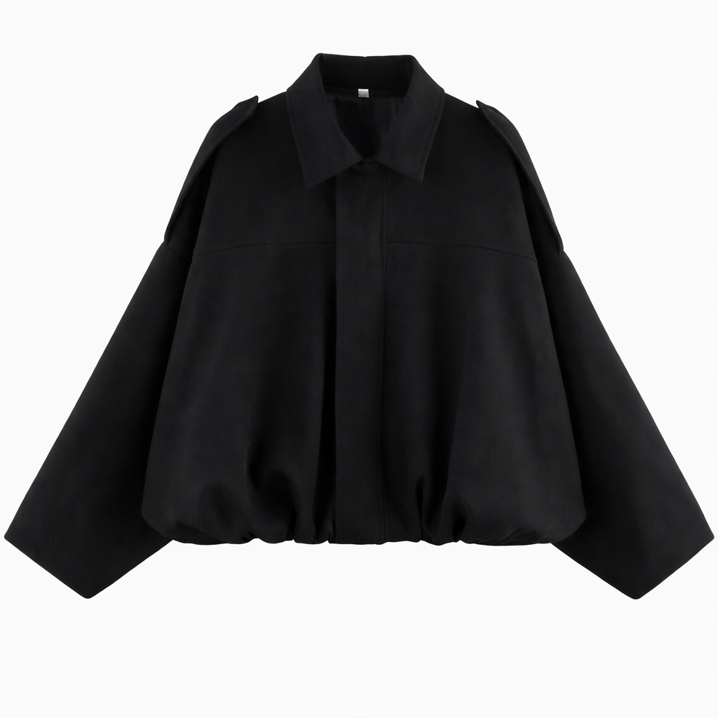Women's Oversized Shirt-Collar Bomber Jacket - Black