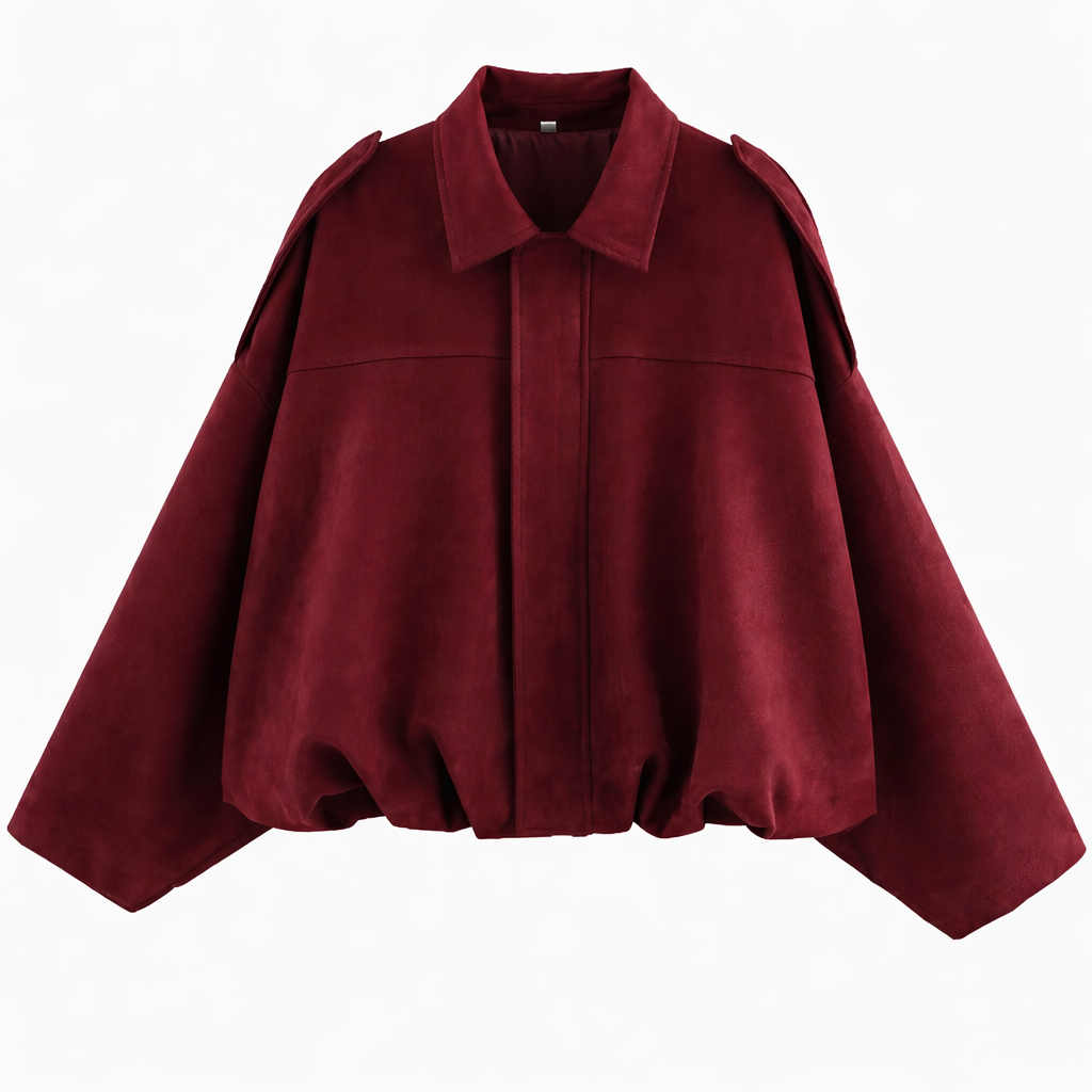 Women's Oversized Shirt-Collar Bomber Jacket - Wine Red