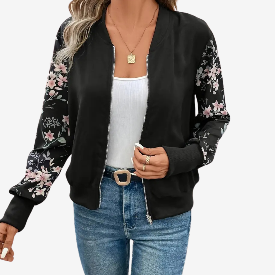 Women's Printed-Sleeve Bomber Jacket - Black