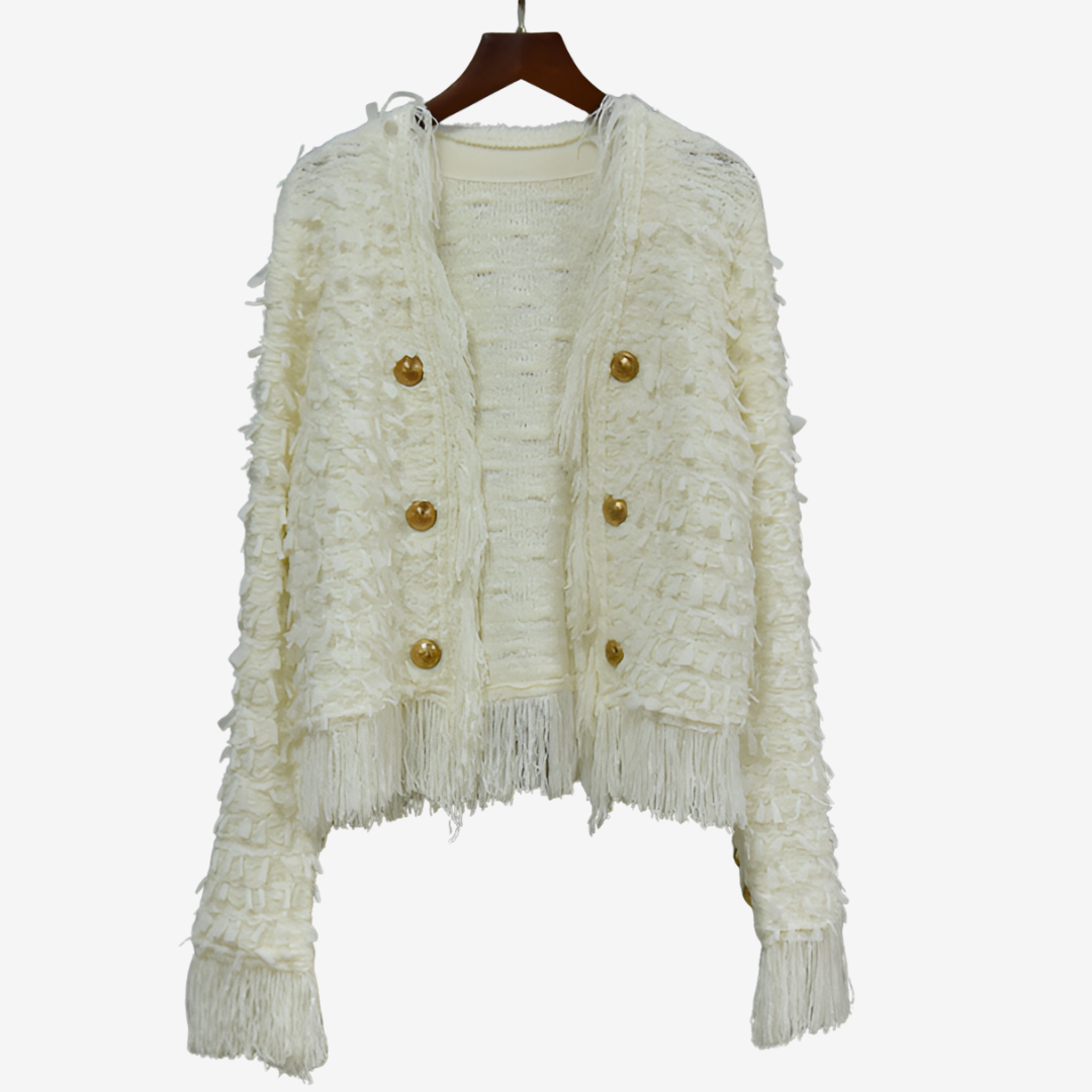 Women's Fringed Tweed-Effect Button Jacket - Cream