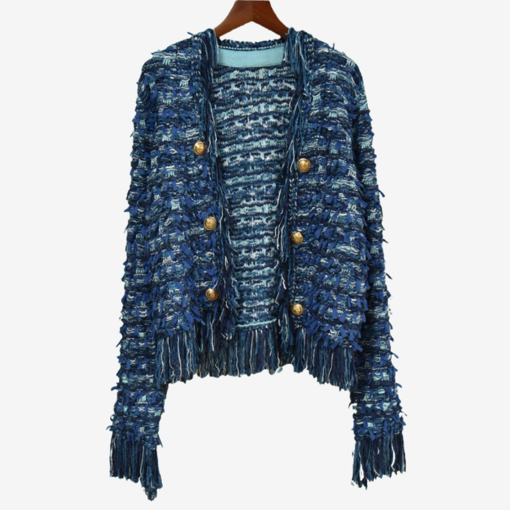 Women's Fringed Tweed-Effect Button Jacket - Dark Blue