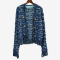 Women's Fringed Tweed-Effect Button Jacket - Dark Blue