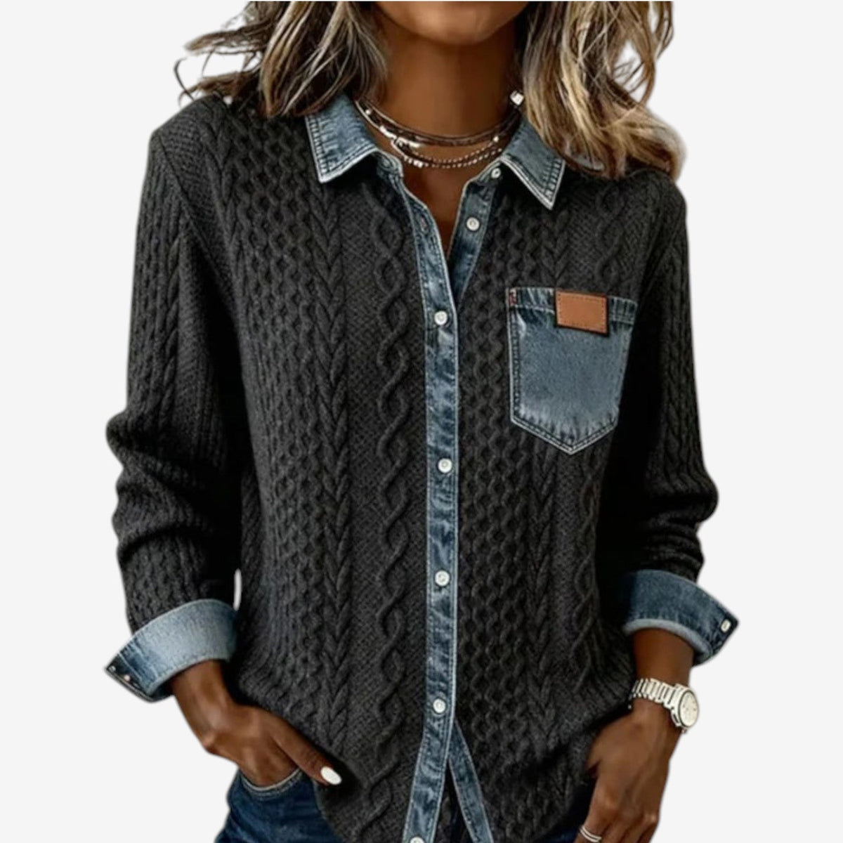 Women's Cable-Knit Denim Trim Button Shacket