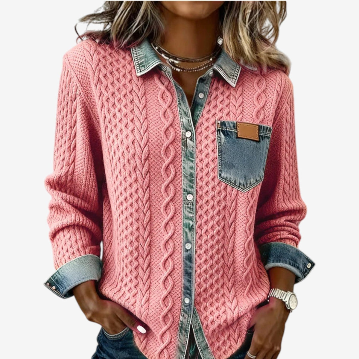 Women's Cable-Knit Denim Trim Button Shacket