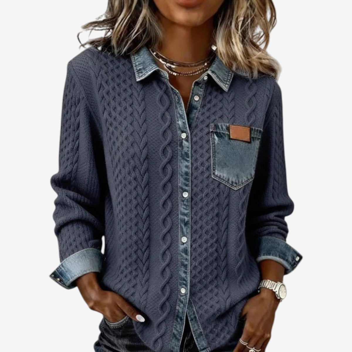 Women's Cable-Knit Denim Trim Button Shacket