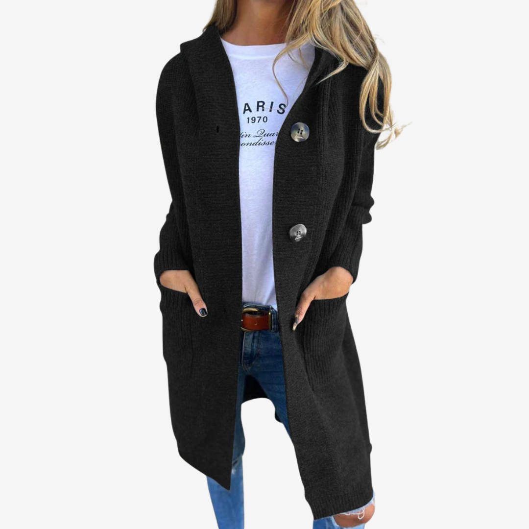 Women's Longline Hooded Cardigan with Patch Pockets - Black