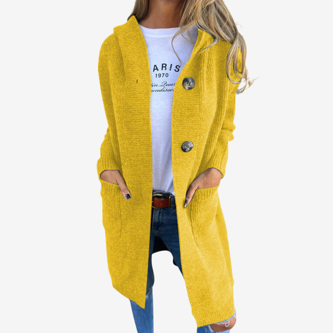 Women's Longline Hooded Cardigan with Patch Pockets - Yellow