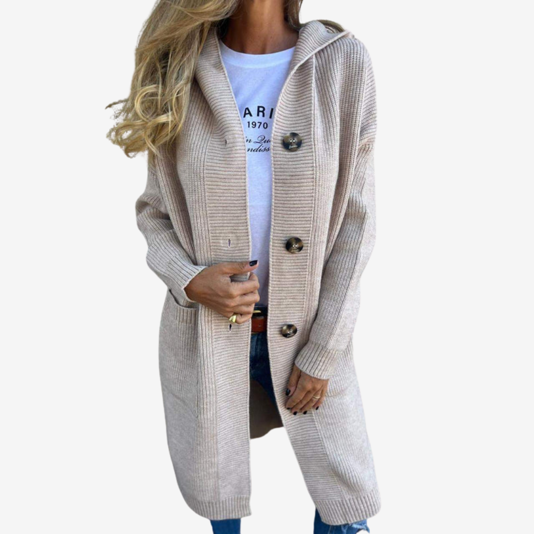 Women's Longline Hooded Cardigan with Patch Pockets - Beige