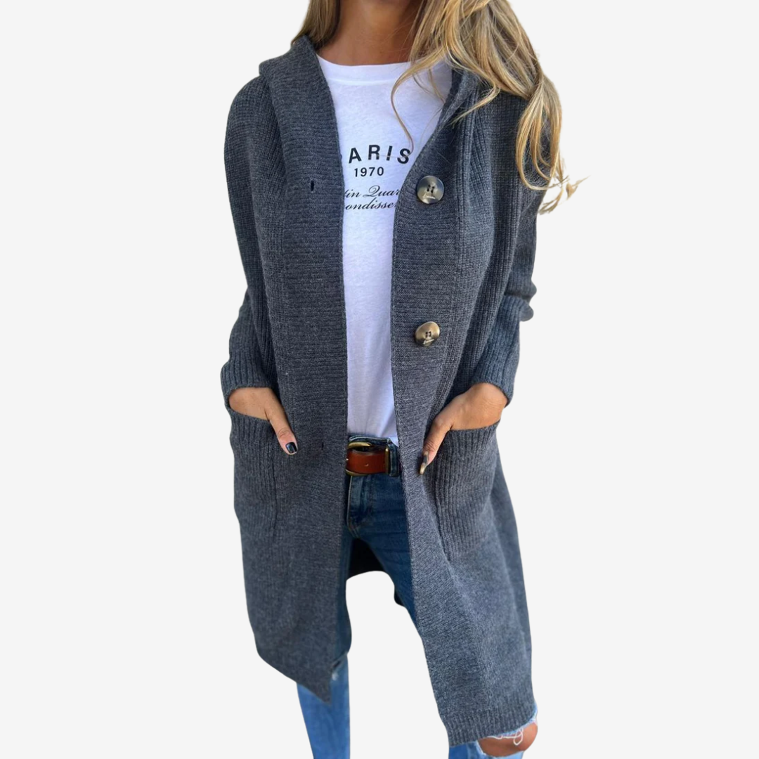 Women's Longline Hooded Cardigan with Patch Pockets - Dark Gray