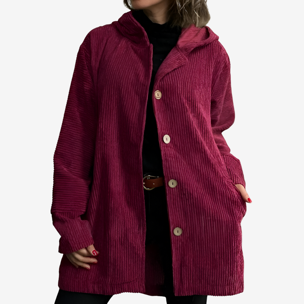 Women's Longline Hooded Ribbed Button-Front Cardigan - Wine Red