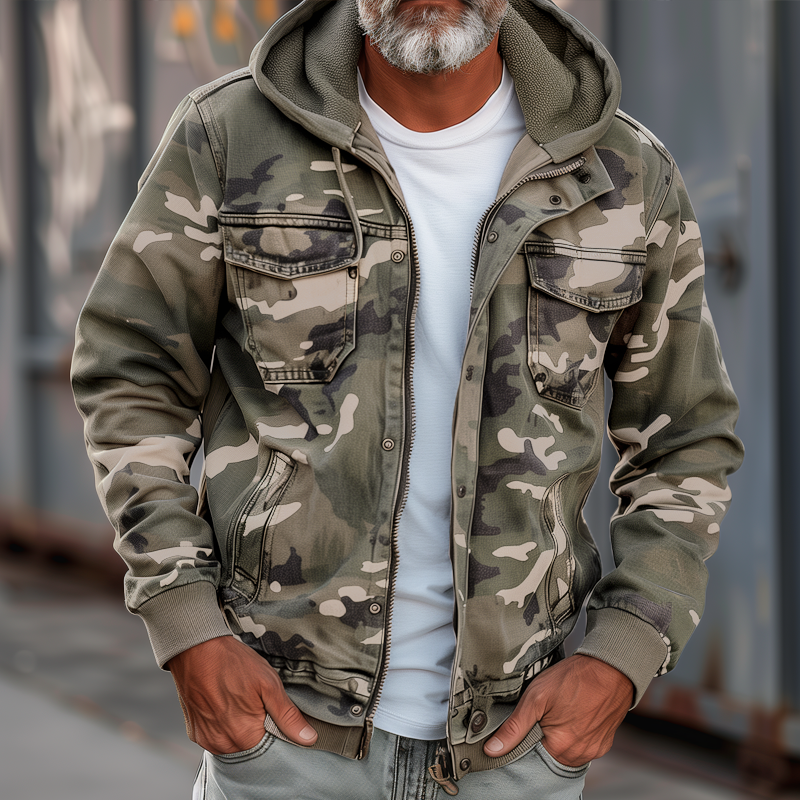 Men's Relaxed Cargo Jacket with Detachable Hood - Khaki