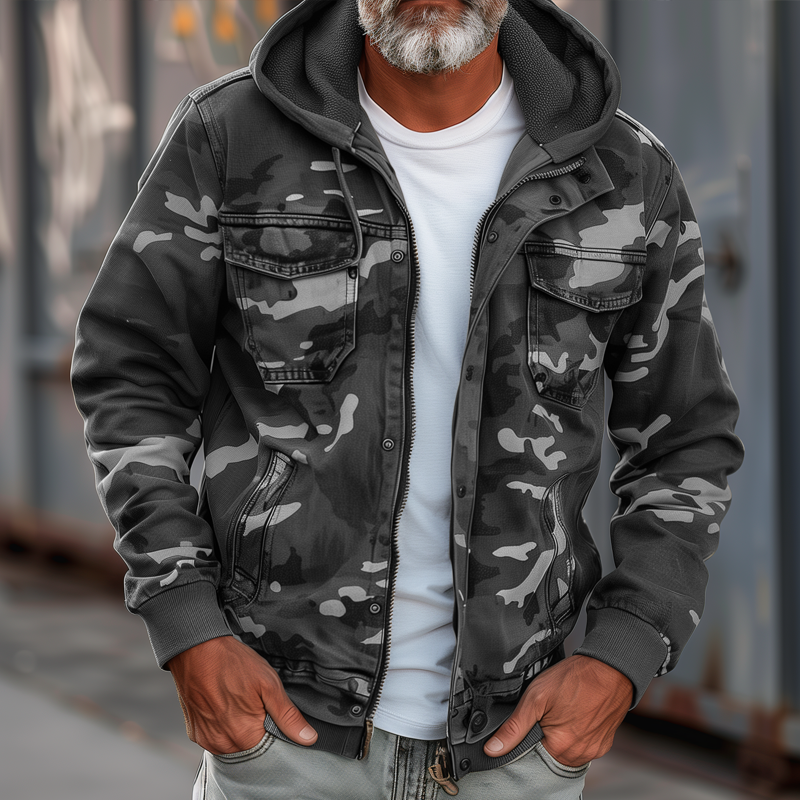 Men's Relaxed Cargo Jacket with Detachable Hood - Dark Gray