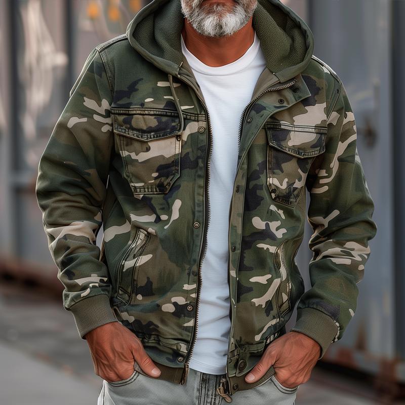 Men's Relaxed Cargo Jacket with Detachable Hood - Olive Green