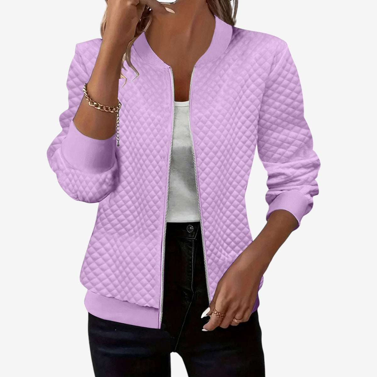 Women's Quilted Stand-Collar Bomber Jacket - Purple