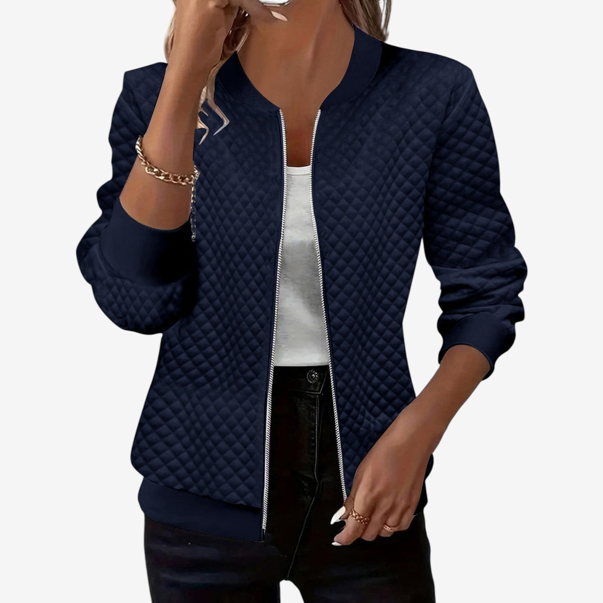 Women's Quilted Stand-Collar Bomber Jacket - Dark Blue