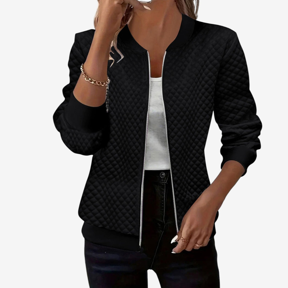 Women's Quilted Stand-Collar Bomber Jacket - Black