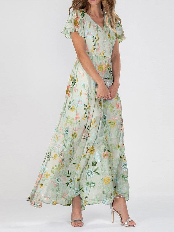 Women's Floral Short Sleeve A-Line Maxi Dress