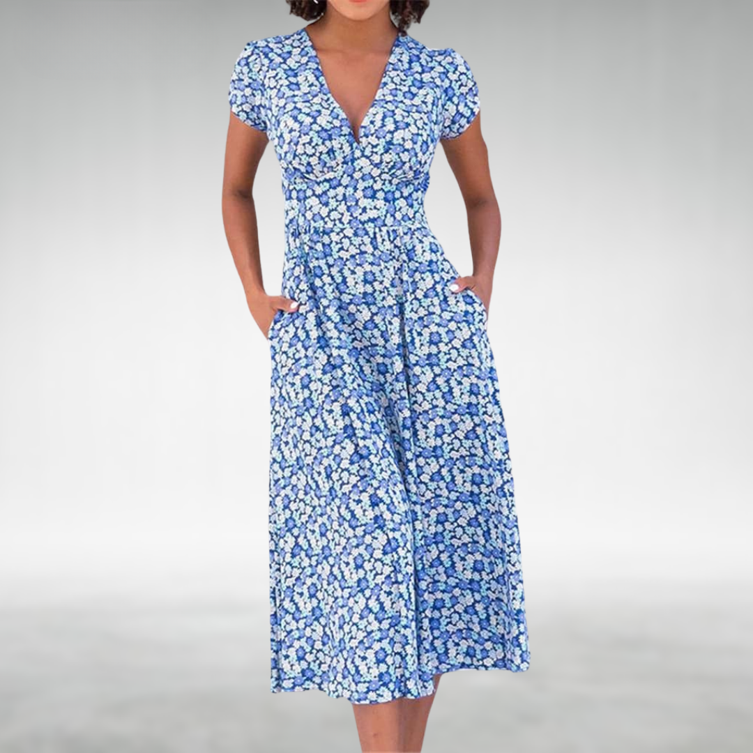 Women's Floral V-Neck Pocketed Midi Dress