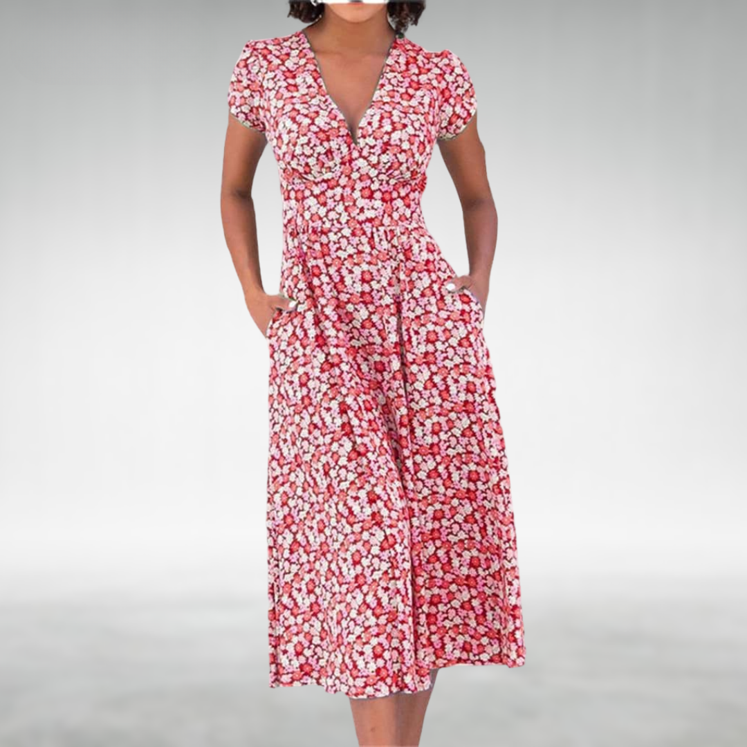 Women's Floral V-Neck Pocketed Midi Dress