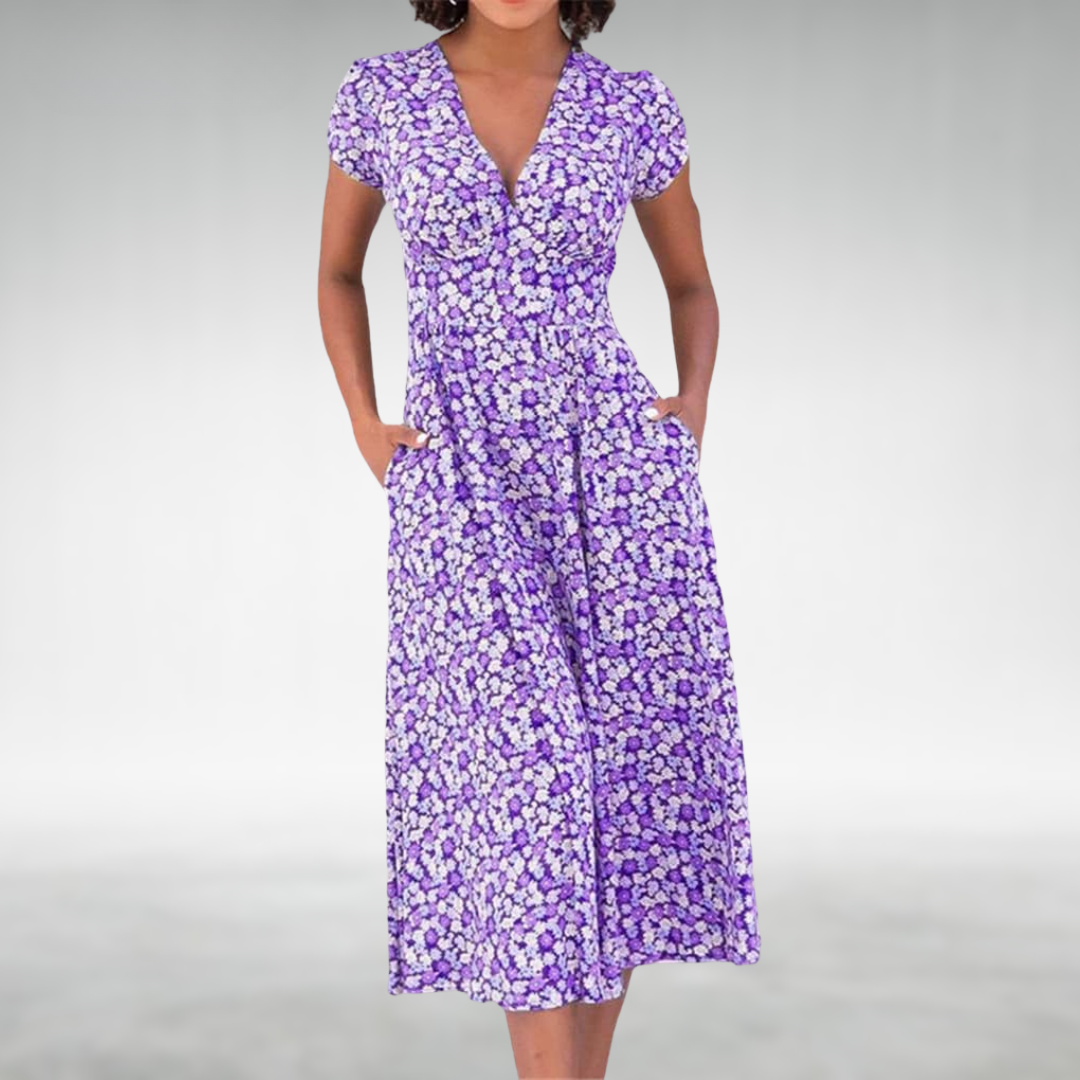 Women's Floral V-Neck Pocketed Midi Dress