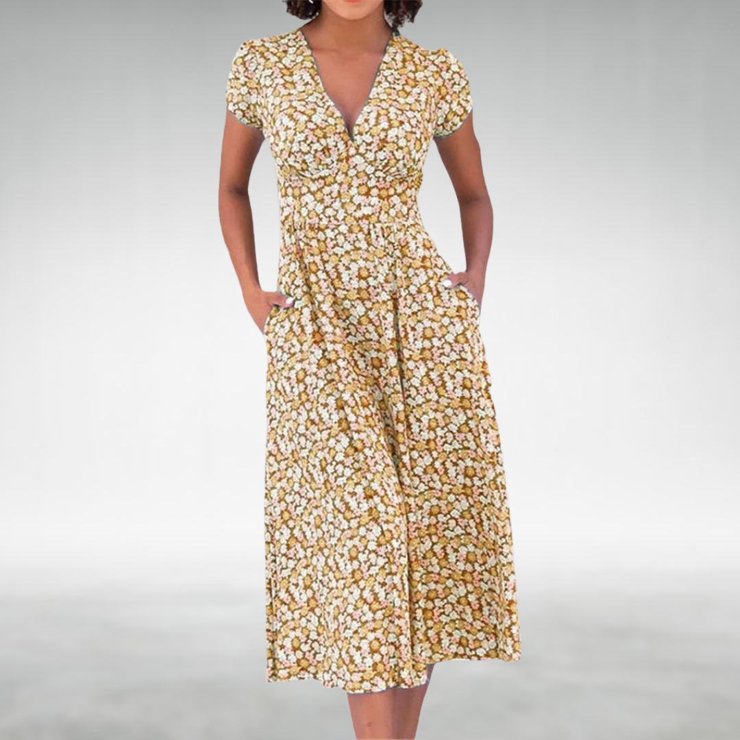 Women's Floral V-Neck Pocketed Midi Dress