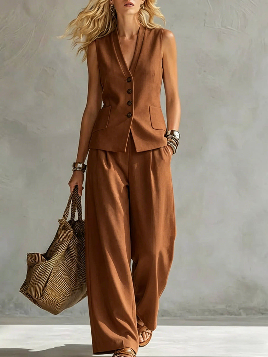 Women's Linen-Look Gilet and Trousers Set
