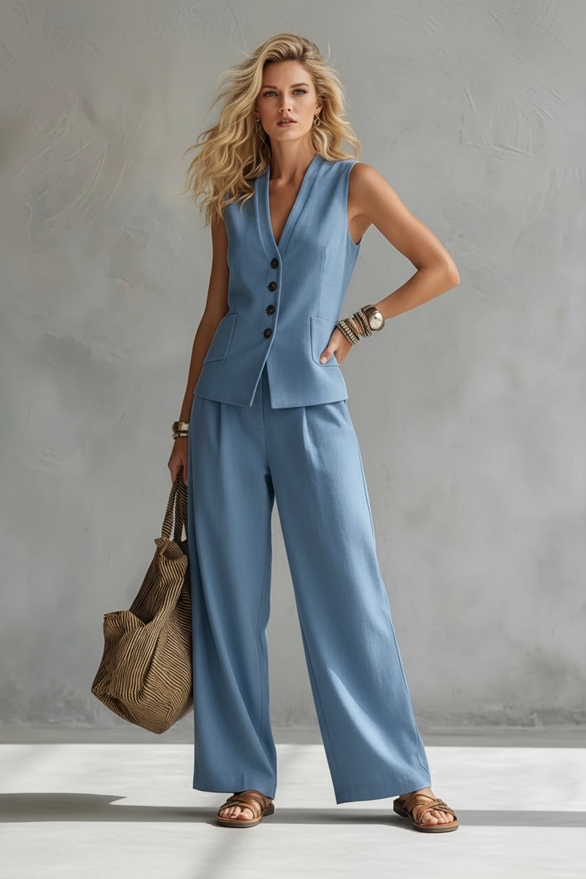 Women's Linen-Look Gilet and Trousers Set - Light Blue
