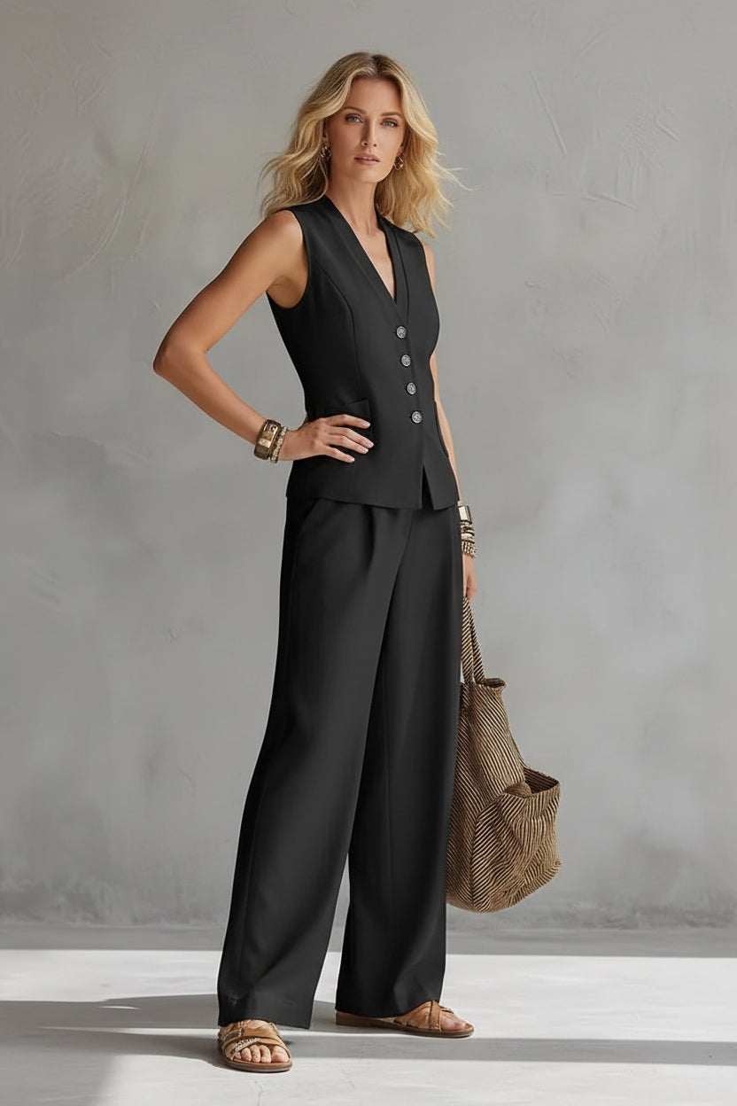Women's Linen-Look Gilet and Trousers Set - Black