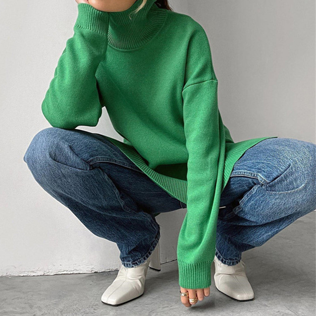 Women's Relaxed Fit Turtleneck Sweater with Side Splits