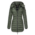 Women's Long Hooded Padded Zip-Up Winter Jacket - Olive Green