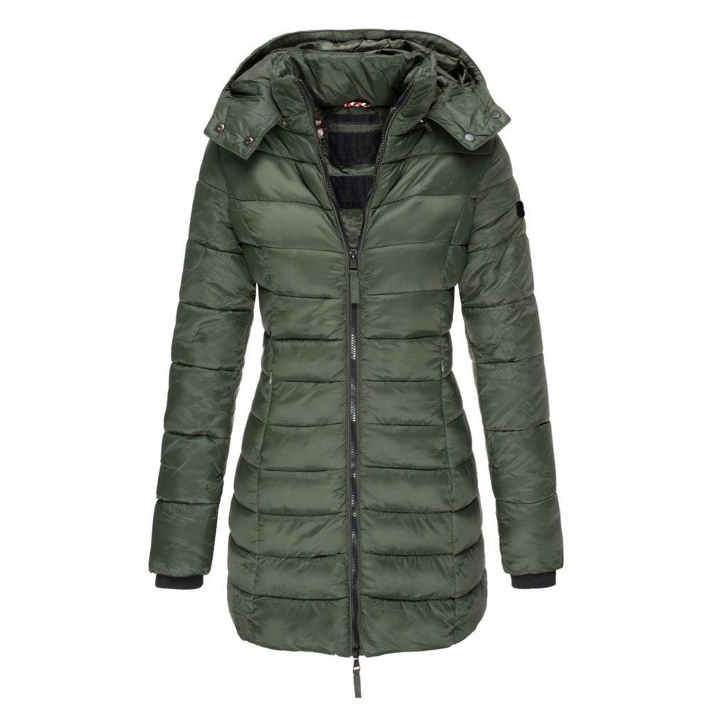 Women's Long Hooded Padded Zip-Up Winter Jacket - Olive Green