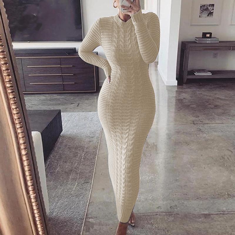 Women's Cable-Knit Long Sleeve Bodycon Maxi Dress - Beige