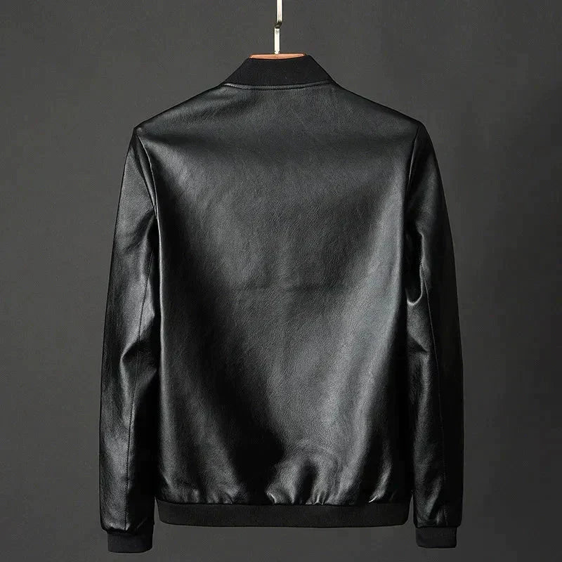Men's Faux Leather Bomber Jacket with Ribbed Trims