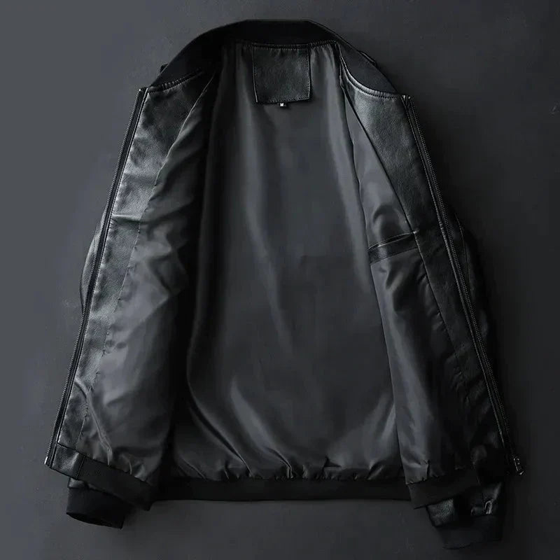 Men's Faux Leather Bomber Jacket with Ribbed Trims
